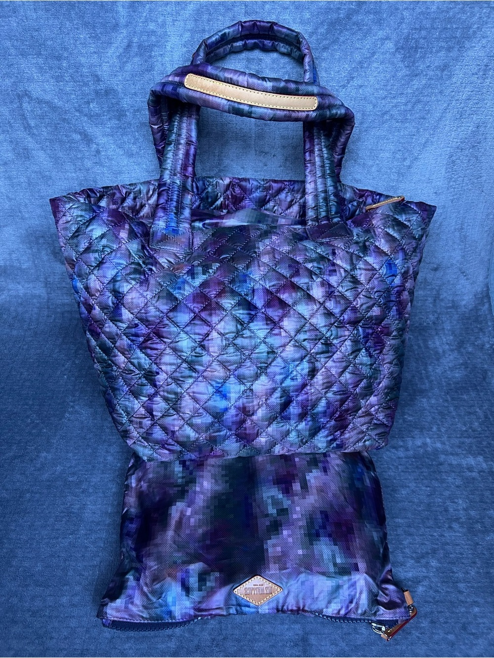 MZ Wallace Oxford Metro Tote Bag Pixel Print Dual Handle Purple Indigo C Pouch - Picture 17 of 17